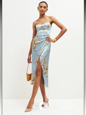 Reformation Size 2 Marguerite Light Blue Floral Satin Slip Dress with Gold Print